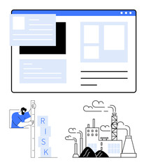 Web layout with floating cards, worker stacking risk blocks, industrial site with factories. Ideal for risk analysis, monitoring, corporate strategy, sustainability, technology, safety simple