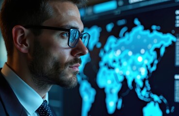 Focused professional analyzes global data, innovative tech in modern office. Man in glasses looks at world map on screen, visualizing business intelligence. Data science, market research concept.