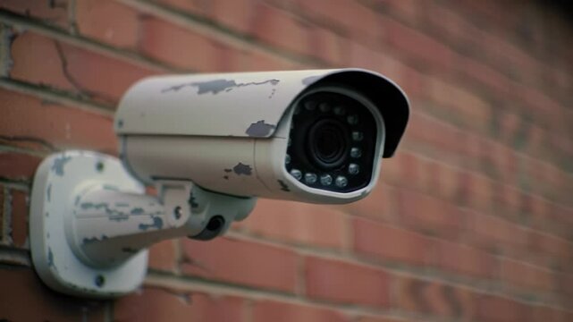 A security camera is mounted on a brick wall, monitoring the surrounding environment. The camera is old and slightly worn, indicating years of service in observing public spaces.