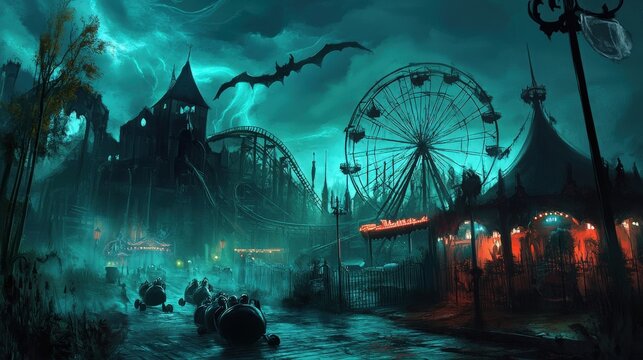 A spooky, deserted carnival setting under a stormy sky.