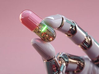 A robotic hand holds a futuristic pill with circuitry visible inside, suggesting advanced technology in medicine.