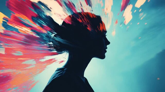 Creative Mind Abstract Silhouette of a Woman with Exploding Colorful Imagination