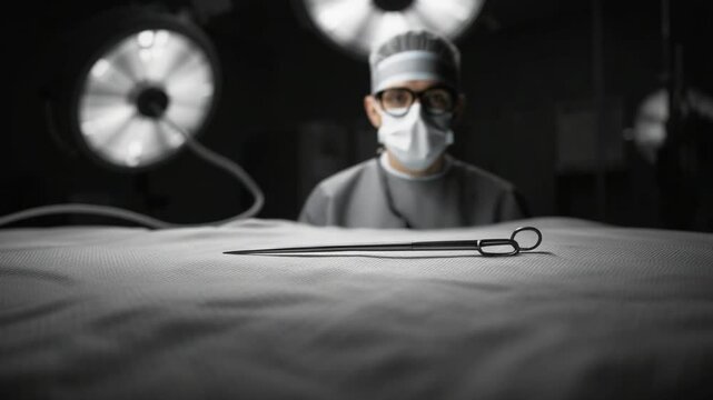 Focused shot in the operating room of a surgeon overseeing surgical needle preparation