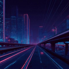 Futuristic cityscape at night, neon lights, cyberpunk skyline, digital illustration

