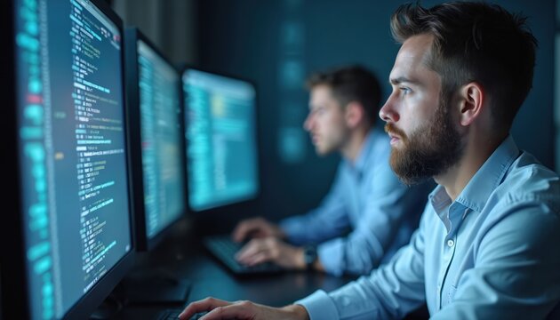 Professional cybersecurity team monitors network traffic. Digital asset protection, threat prevention, data analysis. Technology, security, information system, incident response. Data safety,