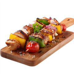 Grilled skewers with chicken, peppers, onions, and cherry tomatoes on a wooden board