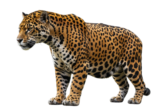 A sleek jaguar stands its patterned coat a tapestry of black spots on gold embodying power and grace in stark contrast to the dark void