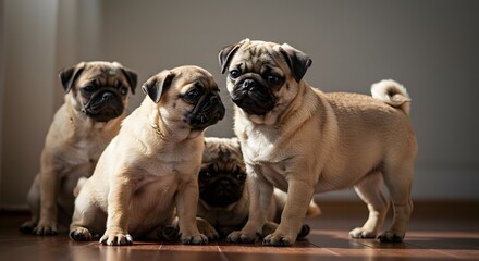 Obraz premium Group of Playful Pugs Posing Indoors on Wooden Floor