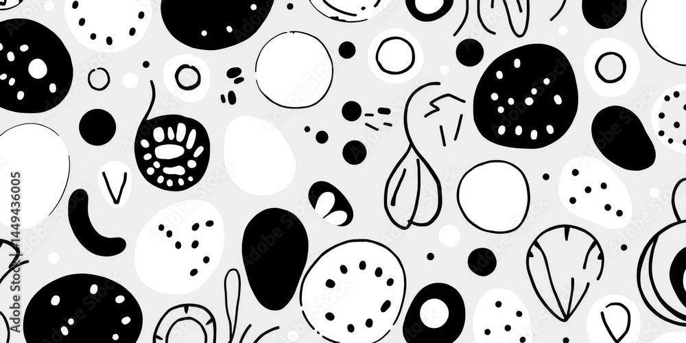 Poster abstract monochrome doodle pattern with organic shapes and lines, creating a playful yet sophisticat