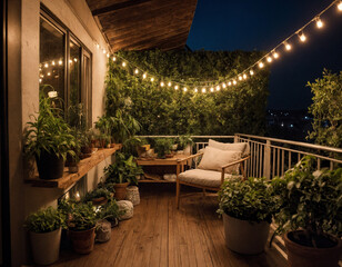 A cozy apartment balcony filled with plants and string lights