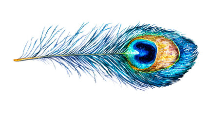 Fototapeta premium Watercolor vivid peacock feather isolated object, cut out transparent