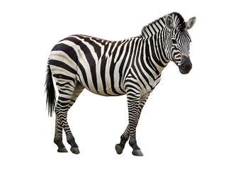 A zebra standing in a white background with black and white stripes looking at the camera angle view