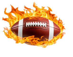 Burning American football flying with flames isolated on white and transparent background, cut out png