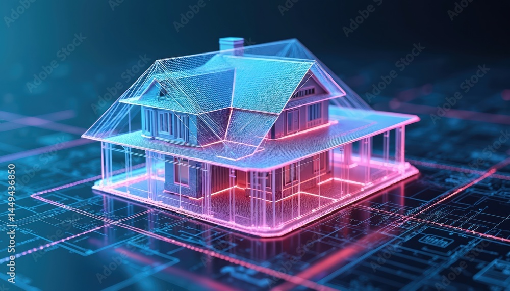 Poster digital construction building information modeling bim concept featuring 3d model house. blueprints 