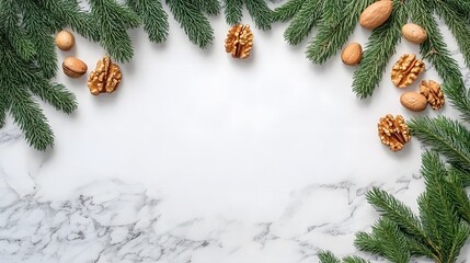 Christmas Festive Frame with Fir Branches and Walnuts on Marble