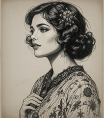 Portrait of a woman dressed in 1930 costume, hand drawn.