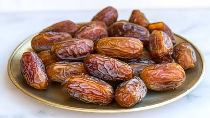 Obraz premium Sweet Medjool Dates on Gold Dish, Healthy Snacks, Ramadan