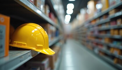 Yellow safety helmet shelf blur warehouse background. Construction labor day, national safety month campaign. Work safety concept. Protection workplace. Health care and industry.