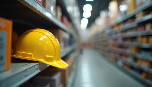 Yellow safety helmet shelf blur warehouse background. Construction labor day, national safety month campaign. Work safety concept. Protection workplace. Health care and industry.