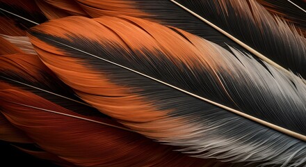 Detailed View of Colorful Feathers with Textured Surface and Dark Background