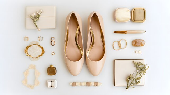 Elegant wedding shoes and accessories arranged neatly, symbolizing timeless bridal sophistication