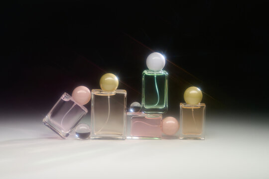 Dreamy elegant perfume bottles with colored spherical stoppers.