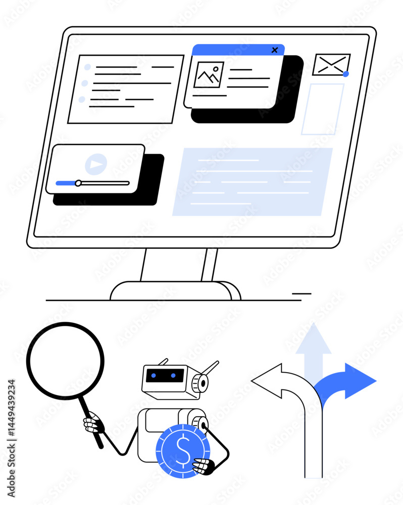 Poster desktop screen with documents, robot holding magnifier and coin, arrows symbolizing decision-making 