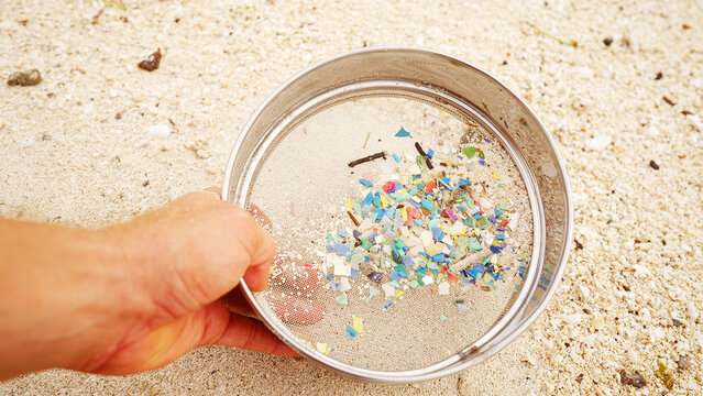 Collected microplastic fragments in a sieve show marine debris, rubbish on shore, polluted beach and sand, environmental damage, floating waste, contaminated ecosystem