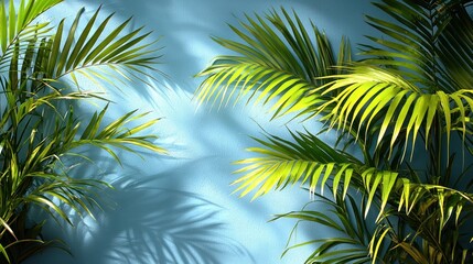 Fototapeta premium Lush palm fronds against a teal wall