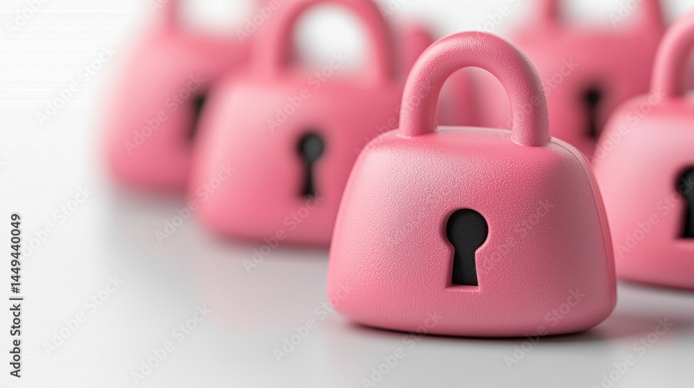 Poster multiple pink padlocks with keyholes arranged in a soft-focus row on a smooth, light surface.