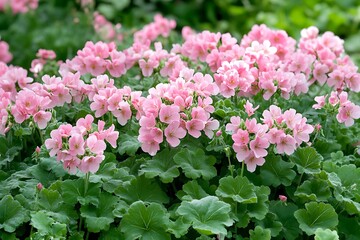 Abundance of Pink Geraniums Lush Foliage, Vibrant Blossoms, Floral Display, Garden