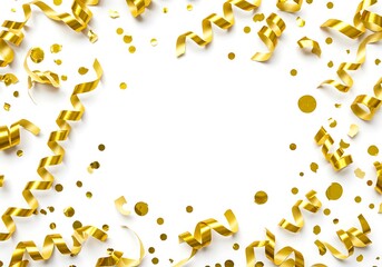 Golden ribbons and confetti scattered on a white background creating a festive celebration frame