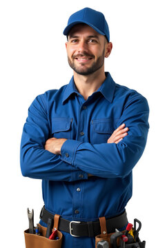 A smiling, confident man wearing a blue work uniform, including a matching blue baseball cap, stands with his arms crossed. 