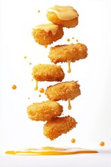 Fresh chicken nuggets with cheese sauce
