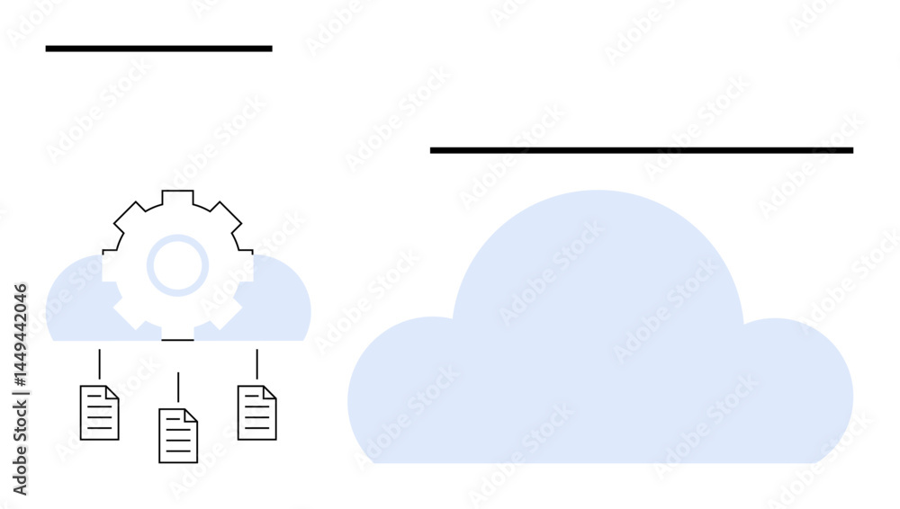 Poster gear symbol above connected files and large cloud graphic. ideal for cloud storage, data processing,
