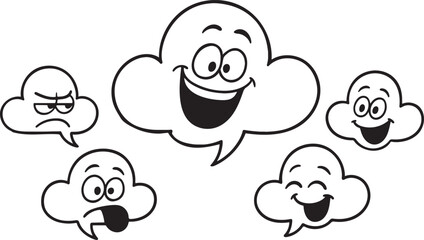 Cloud-shaped speech bubbles with cartoon faces showing emotions Black and white vector