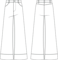 with pockets mid rise waist high rise waist wide leg denim jean pant trouser template technical drawing flat sketch cad mockup fashion woman design style model 
