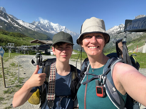 UGC selfie of mother and son on a hike of the Route du Mont Blanc 