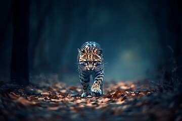 Ocelot walking silently through moonlit forest floor