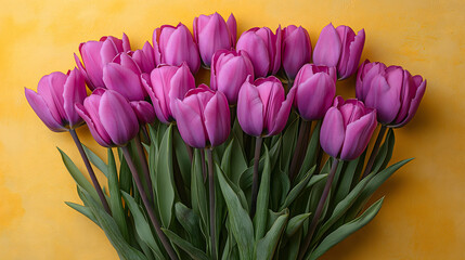 Obraz premium Beautiful bouquet of vibrant purple tulips against a bright yellow background, symbolizing spring and celebration