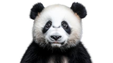 Panda face close up looking forward, cut out transparent