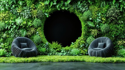 Lush vertical garden, round window, comfy lounge chairs