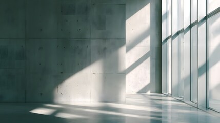 Minimalist concrete wall with large windows, sunlight filtering through, embodying clean modern office design