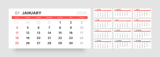Monthly calendar layout for 2026 year. Quarterly calendar for 2026 year. Week Starts on Sunday. 