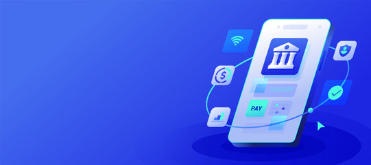 Digital Banking Virtual Bank Banner, , Mobile mockup online application fintech technology financial service and investment on smart phone.	
