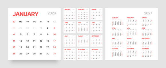 Monthly calendar layout for 2026 year. Planner Square diary for 2026 year. Week Starts on Sunday. 