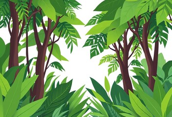 Obraz premium Simple green jungle background with flat vector trees and leaves, white background, organic, flat