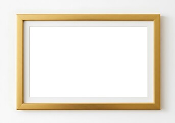 A horizontal gold frame with white matting and a blank white center on a white background wall space