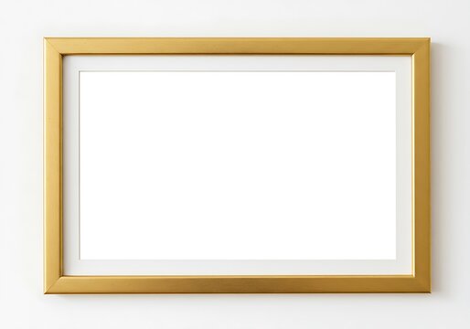 A horizontal gold frame with white matting and a blank white center on a white background wall space
