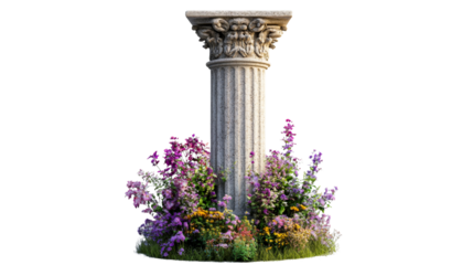 Fluted column with floral arrangement, architectural decoration, cut out transparent